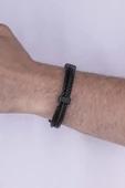 Gümüş Pazarım Örgü Model Çift Sıra Siyah Erkek Deri Bileklik thumbnail 2