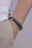 Gümüş Pazarım Lacivert Örgü Gri Detaylı Çift Renk Erkek Deri Bileklik thumbnail 1