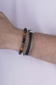 Gümüş Pazarım Damarlı Akik Doğal Taş Örgü Model Çİft Sıra Deri Erkek Bileklik Kombini thumbnail 3