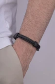 Gümüş Pazarım Örgü Model Çift Sıra Siyah Erkek Deri Bileklik thumbnail 1