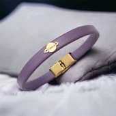 14 Ayar Altın Plakalı İsme Özel Yuvarlak Figürlü Doğal Mor Derili Hediye Bileklik-546 thumbnail 1