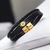 14 Ayar Altın Plakalı Harfe Özel Doğal Siyah Derili Yuvarlak Motifli Hediye Bileklik-547 thumbnail 1