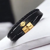 14 Ayar Altın Plakalı İsme Özel Yuvarlak Motifli Doğal Siyah Derili Hediye Bileklik-547 thumbnail 1