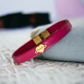 14 Ayar Altın Plakalı İsme Özel Kalp Figürlü Doğal Pembe Derili Hediye Bileklik-544 thumbnail 1