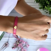 14 Ayar Altın Plakalı İsme Özel Kalp Figürlü Doğal Pembe Derili Hediye Bileklik-544 thumbnail 2