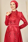 Önü Drapeli Kuyruklu Boncuk İşlemeli Miranda Tesettür Abiye Kırmızı thumbnail 2