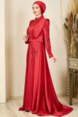 Önü Drapeli Kuyruklu Boncuk İşlemeli Miranda Tesettür Abiye Kırmızı thumbnail 4