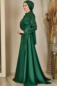 Önü Drapeli Kuyruklu Boncuk İşlemeli Miranda Tesettür Abiye Zümrüt thumbnail 4