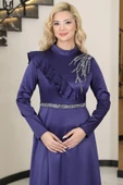Ada Saten Taşlı Tesettür Abiye Lacivert thumbnail 2