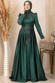 Karaca Önü Drapeli Aplikli Tesettür Abiye Zümrüt thumbnail 1