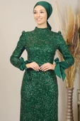 Kollari Fiyonklu Pul Payetli Sultan Tesettür Abiye Zümrüt thumbnail 2