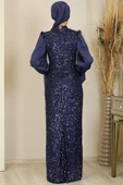 Balon Kollu Pul Payetli Azra Tesettür Abiye Lacivert thumbnail 3