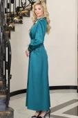 Lara Kemerli Saten Tesettür Abiye Petrol thumbnail 3