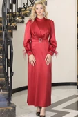 Lara Kemerli Saten Tesettür Abiye Kırmızı thumbnail 1
