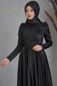 Bersu Önü Pul Boncuk İşlemeli Tesettür Abiye Siyah - 2
