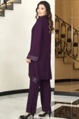 Umay Şifon Tunik Pantolon İkili Tesettür Takım Mürdüm thumbnail 3
