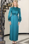 Lara Kemerli Saten Tesettür Abiye Petrol thumbnail 1