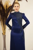 Önü Boncuk Aplik İşleme Kolları Tüylü Nara Tesettür Abiye Lacivert thumbnail 2