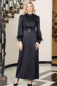 Lara Kemerli Saten Tesettür Abiye Siyah - 1