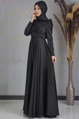 Bersu Önü Pul Boncuk İşlemeli Tesettür Abiye Siyah - 4