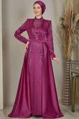 Önü Drapeli Kuyruklu Boncuk İşlemeli Miranda Tesettür Abiye Fuşya thumbnail 1