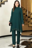 Umay Şifon Tunik Pantolon İkili Tesettür Takım Zümrüt thumbnail 1