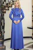 Ada Saten Taşlı Tesettür Abiye İndigo thumbnail 1