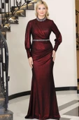 Hürrem Kuyruklu Taşlı Tesettür Abiye Bordo thumbnail 1