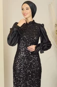 Balon Kollu Pul Payetli Azra Tesettür Abiye Siyah thumbnail 2