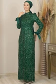 Kollari Fiyonklu Pul Payetli Sultan Tesettür Abiye Zümrüt thumbnail 1