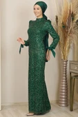 Kollari Fiyonklu Pul Payetli Sultan Tesettür Abiye Zümrüt thumbnail 3