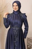 Karaca Önü Drapeli Aplikli Tesettür Abiye Lacivert thumbnail 2