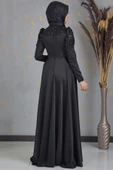 Bersu Önü Pul Boncuk İşlemeli Tesettür Abiye Siyah - 3