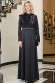 Ada Saten Taşlı Tesettür Abiye Siyah - 1