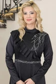 Ada Saten Taşlı Tesettür Abiye Siyah - 2