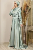 Önü Drapeli Kuyruklu Boncuk İşlemeli Miranda Tesettür Abiye Çağla Yeşili thumbnail 4