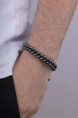 Gümüş Pazarım Çift Sıra Yuvarlak Kesim Hematit Taşlı Doğal Taş Bileklik - 1