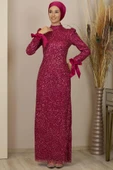 Kollari Fiyonklu Pul Payetli Sultan Tesettür Abiye Fuşya thumbnail 3