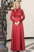 Ada Saten Taşlı Tesettür Abiye Bordo thumbnail 1