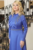 Ada Saten Taşlı Tesettür Abiye İndigo thumbnail 2