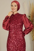 Balon Kollu Pul Payetli Azra Tesettür Abiye Bordo thumbnail 2