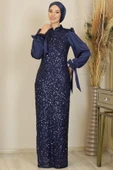 Balon Kollu Pul Payetli Azra Tesettür Abiye Lacivert thumbnail 1
