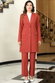 Parla Uzun Ceket Pantolon İkili Tesettür Takım Kiremit thumbnail 1