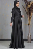 Bersu Önü Pul Boncuk İşlemeli Tesettür Abiye Siyah - 5