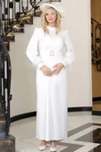 Lara Kemerli Saten Tesettür Abiye Beyaz thumbnail 1