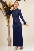 Önü Boncuk Aplik İşleme Kolları Tüylü Nara Tesettür Abiye Lacivert thumbnail 4
