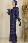 Balon Kollu Pul Payetli Azra Tesettür Abiye Lacivert thumbnail 5