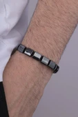 Gümüş Pazarım Dikdörtgen Kesim Hematit Taşlı Doğal Taş Erkek Bileklik thumbnail 1