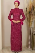 Kollari Fiyonklu Pul Payetli Sultan Tesettür Abiye Fuşya thumbnail 1