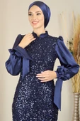 Balon Kollu Pul Payetli Azra Tesettür Abiye Lacivert thumbnail 2